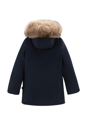Giubbino bambina Woolrich kids Arctic Raccoon Parka blu in tessuto Ramar Cloth