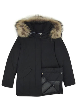 Giubbino bambina Woolrich kids Arctic Raccoon Parka nero in tessuto Ramar Cloth | ViaMonte Shop