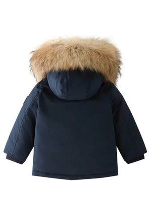 Giubbino neonato Woolrich kids My First Parka melton blue in tessuto Ramar Cloth