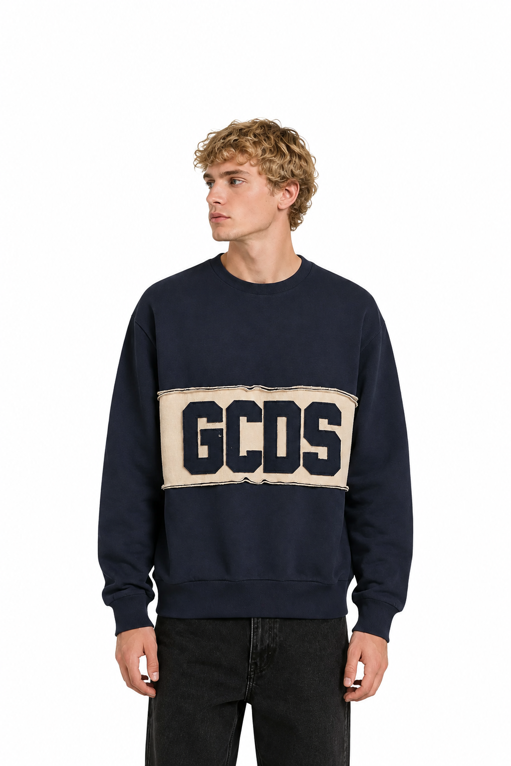 Girocollo GCDS Band Logo Patch Uomo - Blu Scuro/Bone