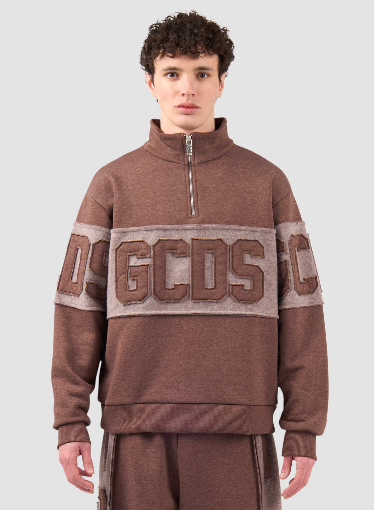 Felpa Half Zip GCDS Band Logo Patch Uomo - Partridge/Marrone | ViaMonte Shop
