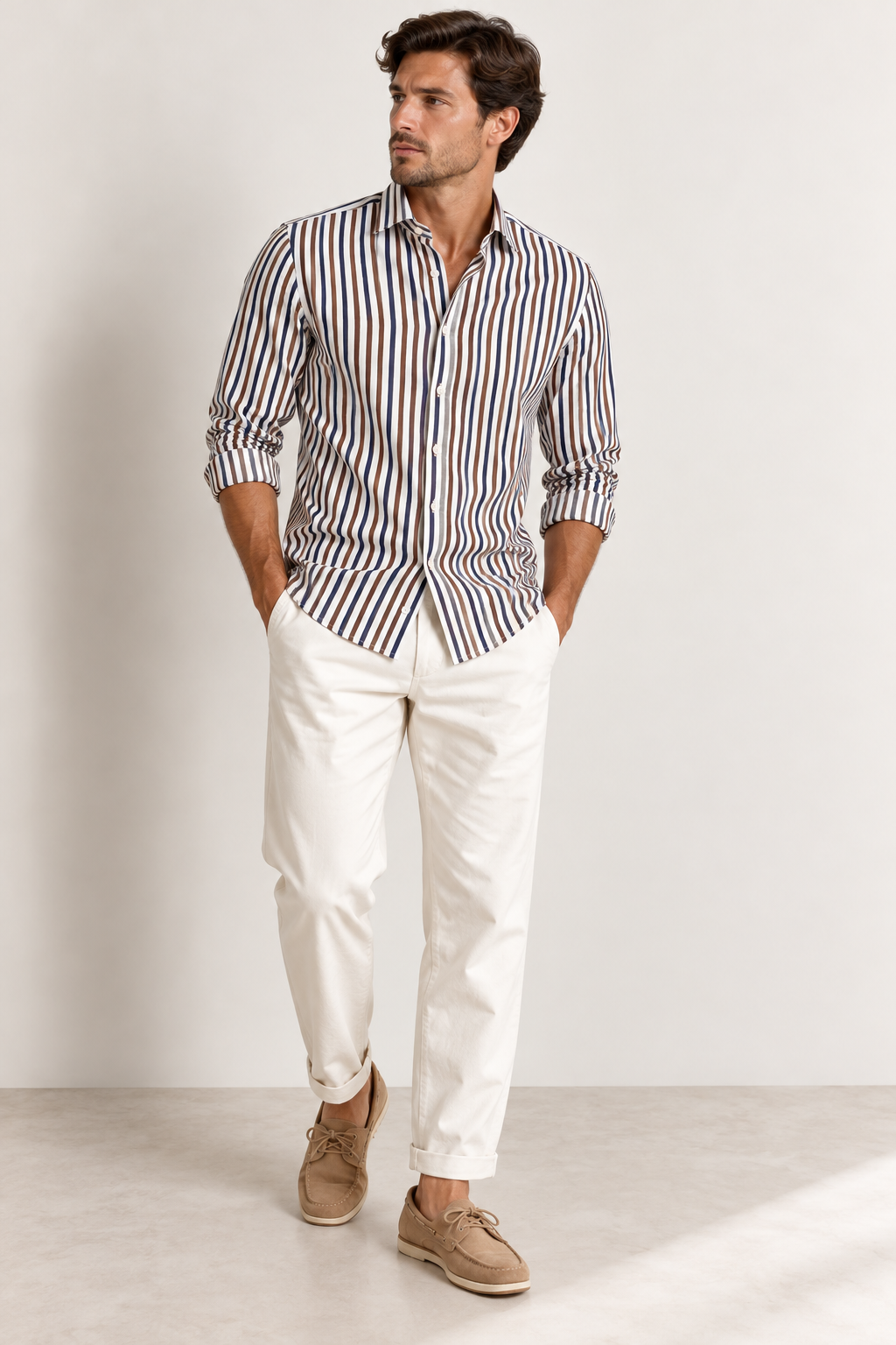 JCMAN Camicia in cotone a righe marroni e blu uomo in cotone