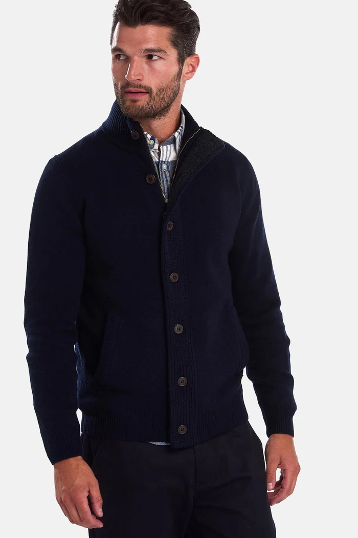Barbour maglione con Patch e Zip in lana blu | ViaMonte Shop