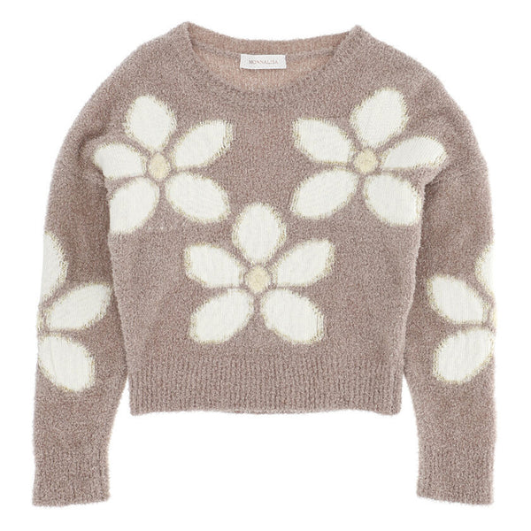 ViaMonte Shop | Monnalisa bambina maglia tortora con fiori a intarsio