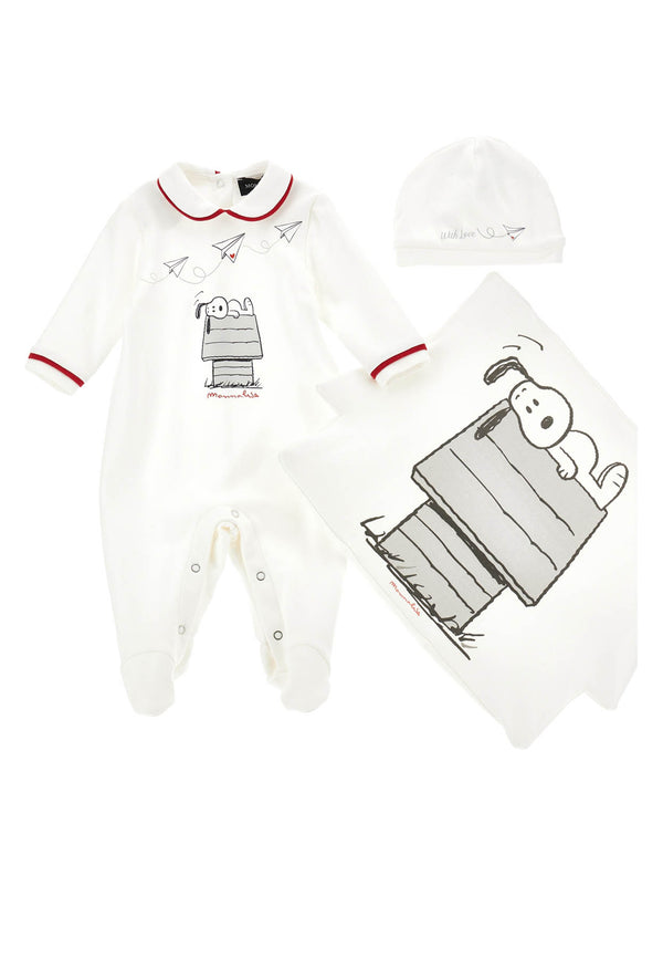 ViaMonte Shop | Monnalisa completo tre pezzi Snoopy bianco neonato in cotone
