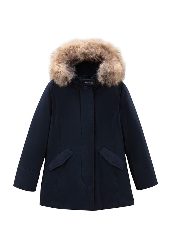 Giubbino bambina Woolrich kids Luxury Arctic Raccoon Parka blu in tessuto Urban Touch