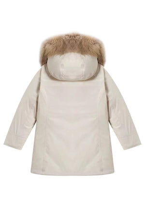 ViaMonte Shop | Woolrich kids giubbino Luxury Arctic Raccoon Parka beige bambina in tessuto Urban Touch