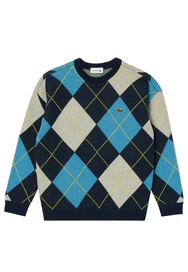 Maglia bambino Lacoste blu a rombi in misto cotone e lana