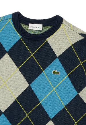 Maglia bambino Lacoste blu a rombi in misto cotone e lana