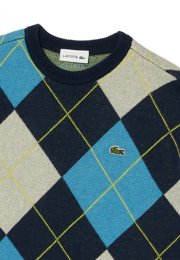 Maglia bambino Lacoste blu a rombi in misto cotone e lana