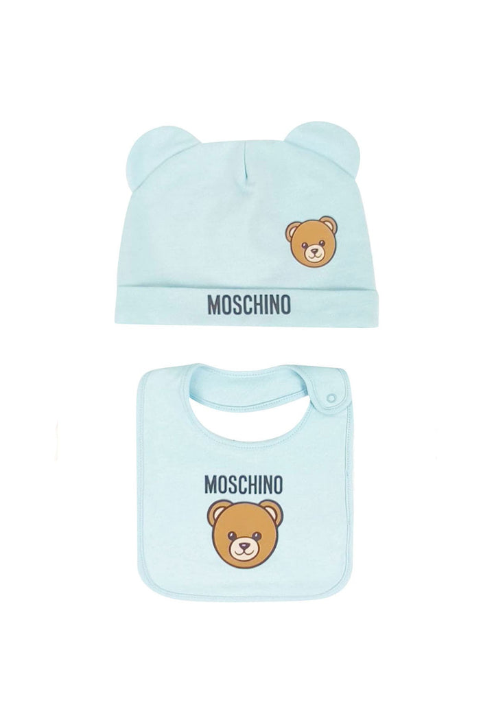 Set bavetta e berretto Moschino Kid neonato celeste in cotone