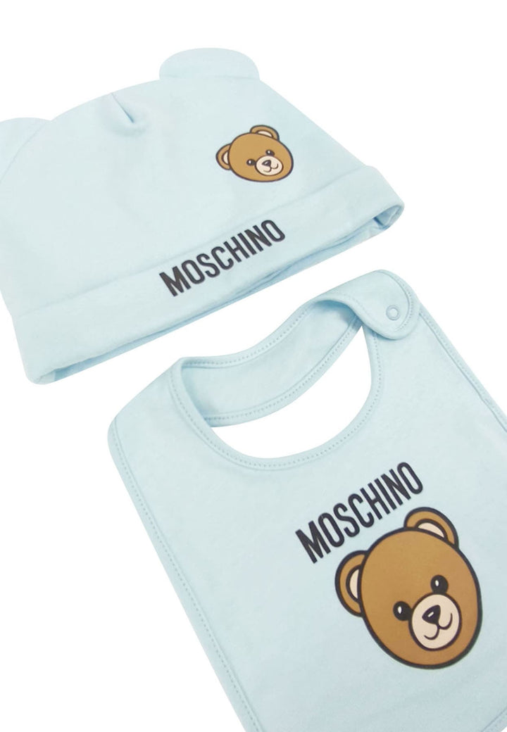 Set bavetta e berretto Moschino Kid neonato celeste in cotone