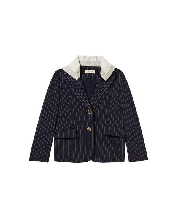 Giacca blazer bambina blu gessata con cappuccio