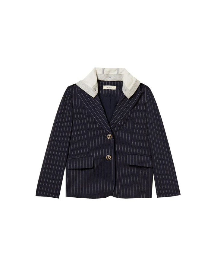 Giacca blazer bambina blu gessata con cappuccio