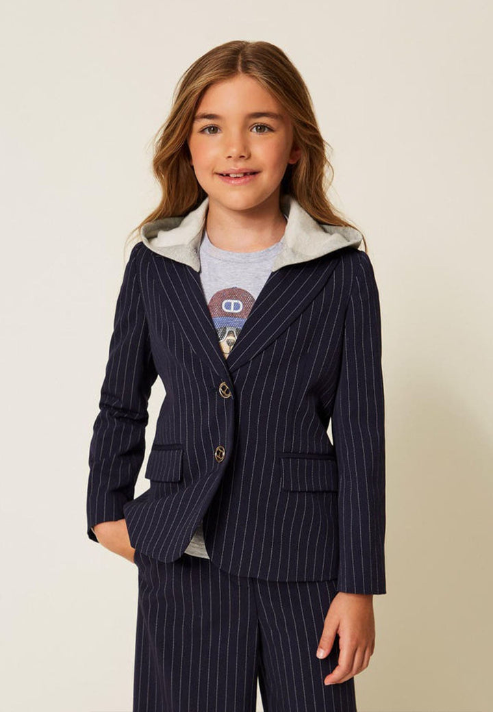 Giacca blazer bambina blu gessata con cappuccio
