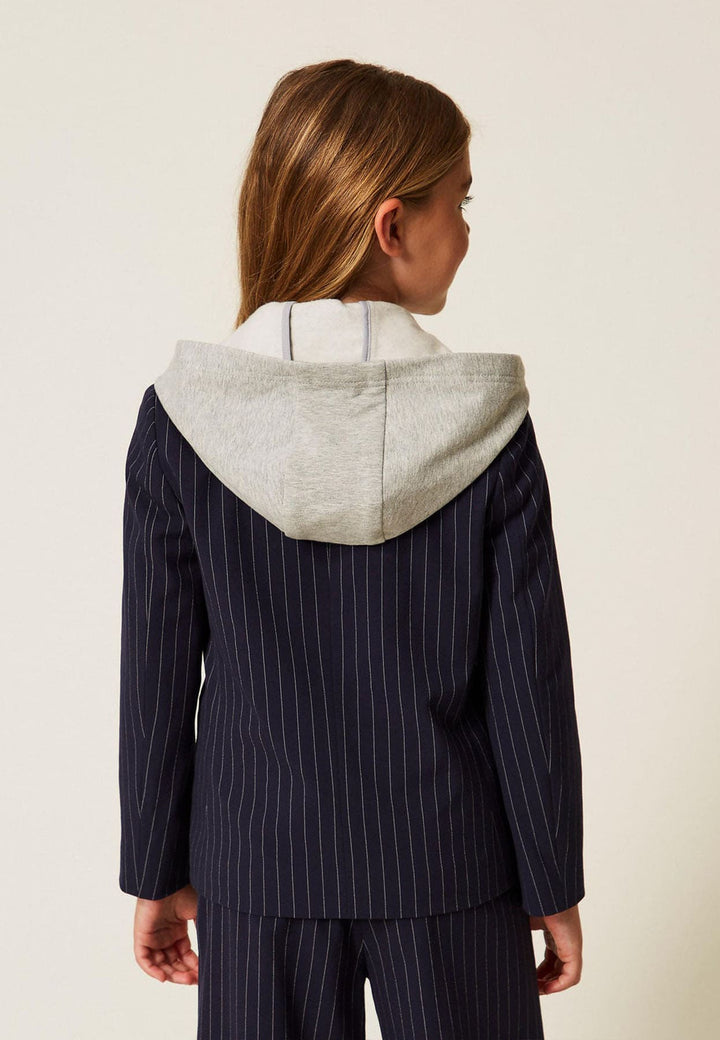 Giacca blazer bambina blu gessata con cappuccio