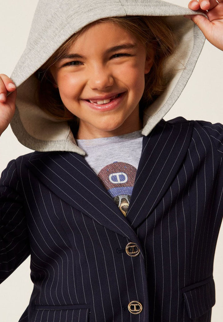 Giacca blazer bambina blu gessata con cappuccio