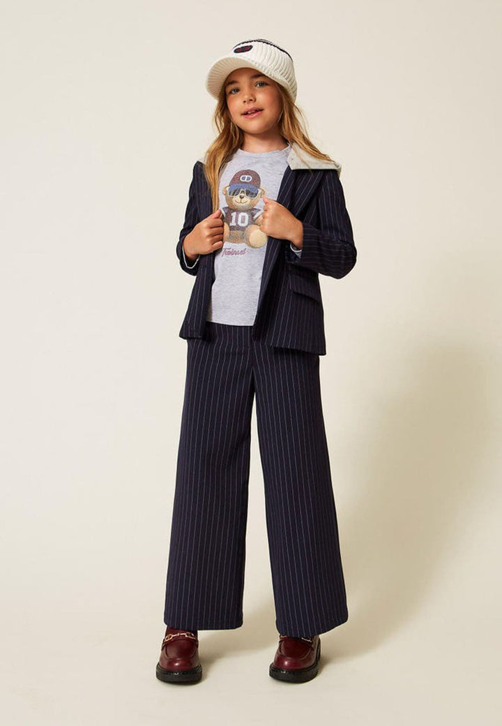 Giacca blazer bambina blu gessata con cappuccio