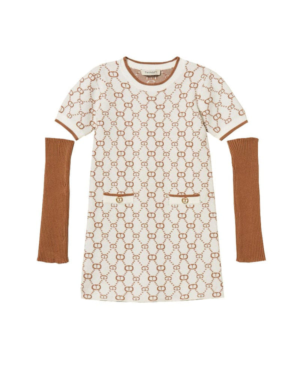 Vestito bambina Twinset bianco in maglia jacquard con logo all over
