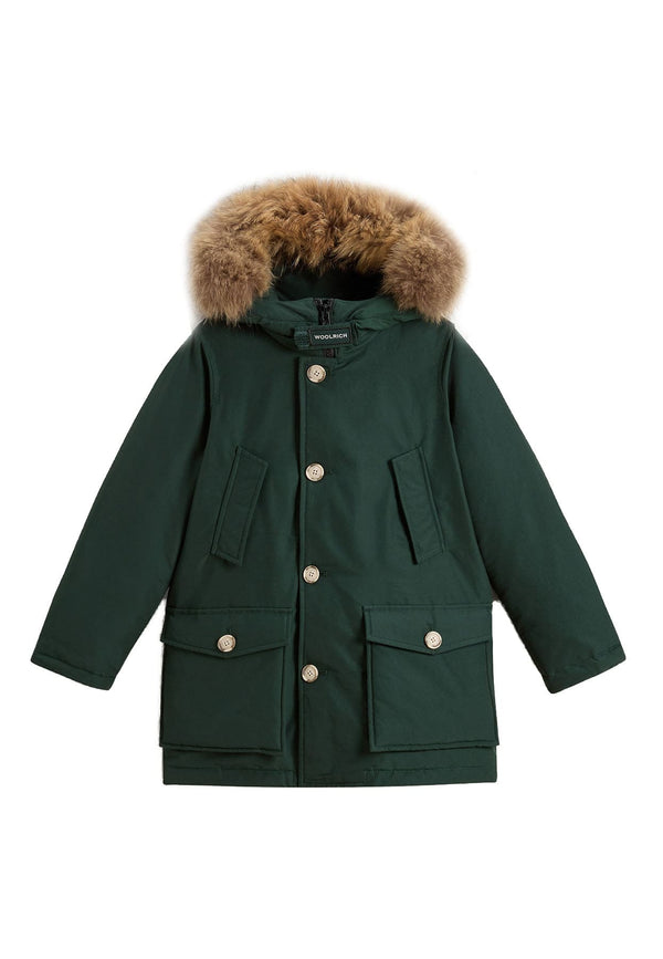 Giubbino bambino Woolrich kids Arctic Detachable Fur Parka verde agrifoglio scuro in tessuto Ramar