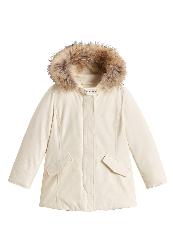 Giubbino bambina Woolrich kids Arctic Raccoon Parka bianco in tessuto Ramar Cloth