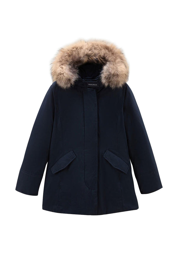 Giubbino bambina Woolrich kids Arctic Raccoon Parka blu in tessuto Ramar Cloth