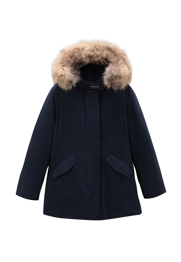 Giubbino bambina Woolrich kids Arctic Raccoon Parka blu in tessuto Ramar Cloth