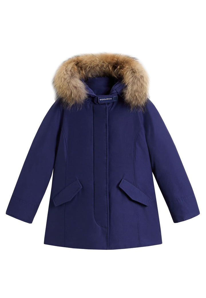 Giubbino bambina Woolrich kids Arctic Raccoon Parka viola in tessuto Ramar Cloth
