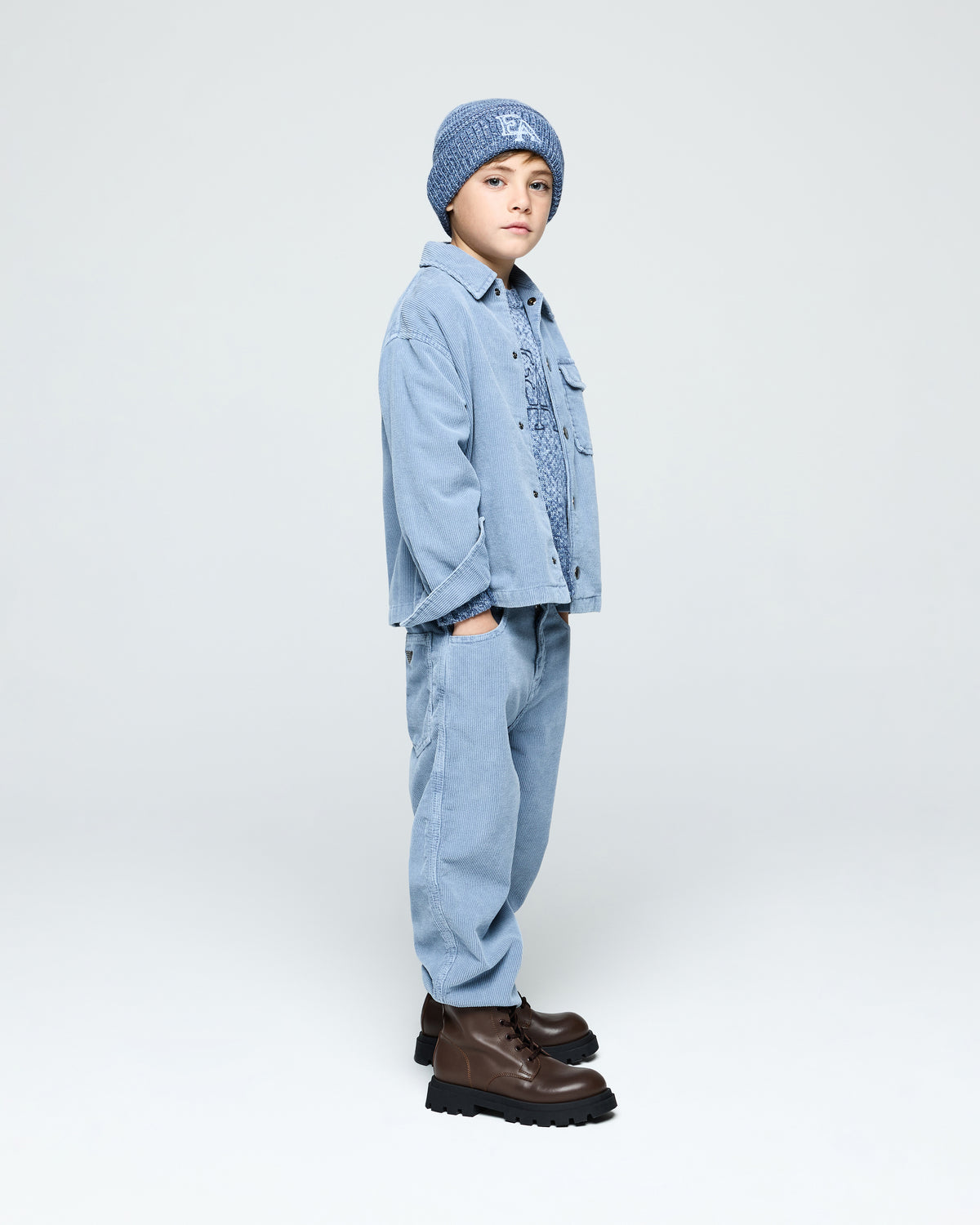 Camicia bambino Emporio Armani azzurra in velluto di cotone | ViaMonte Shop