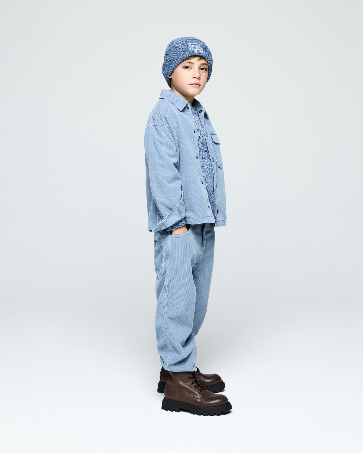 Pantalone bambino Emporio Armani azzurro in velluto di cotone