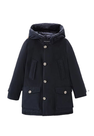 Giubbino bambino Woolrich kids Arctic Parka blu in tessuto Ramar Cloth