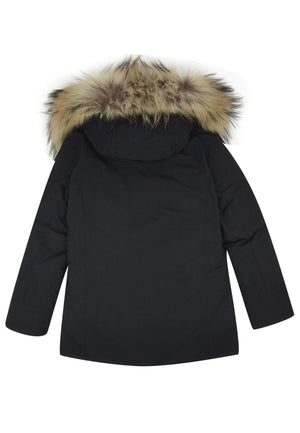 Giubbino bambina Woolrich kids Arctic Raccoon Parka nero in tessuto Ramar Cloth | ViaMonte Shop