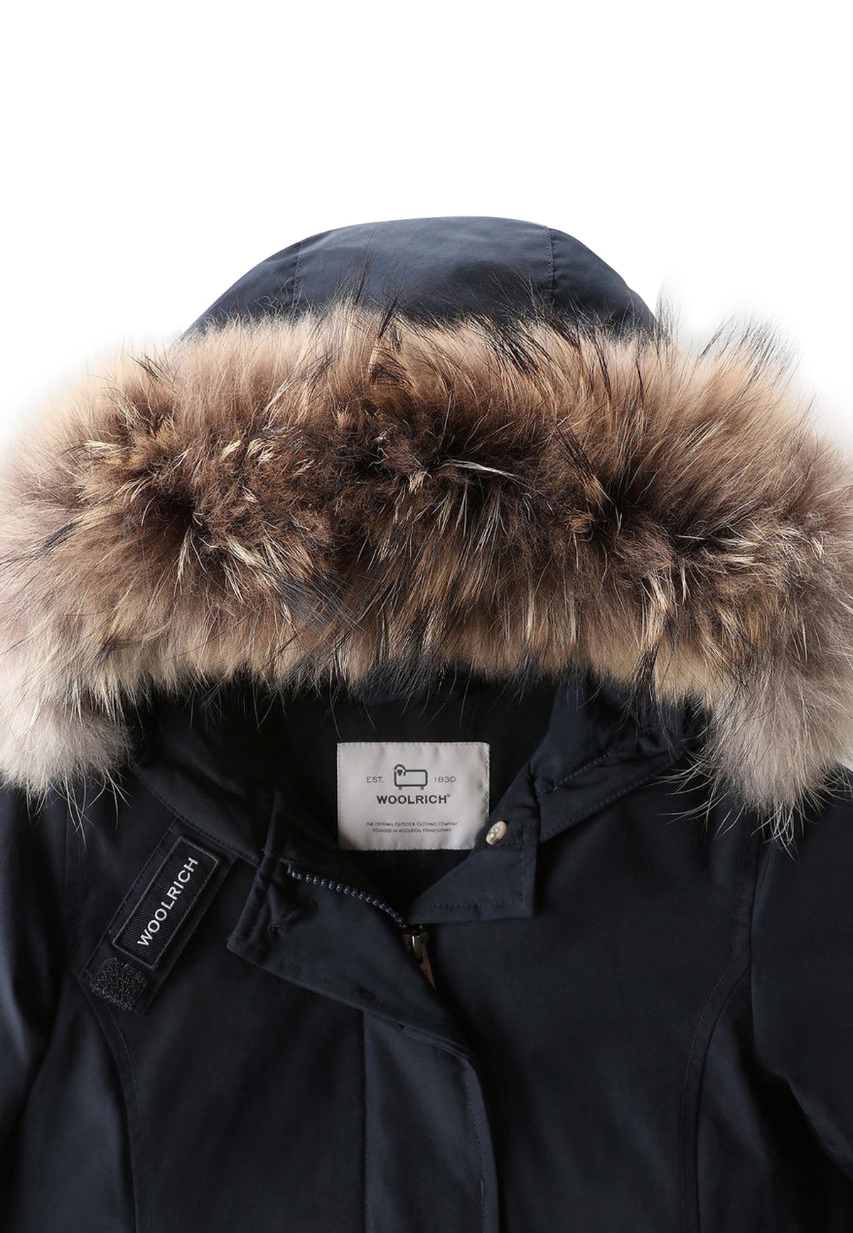 Giubbino bambina Woolrich kids Arctic Raccoon Parka blu in tessuto Ramar Cloth