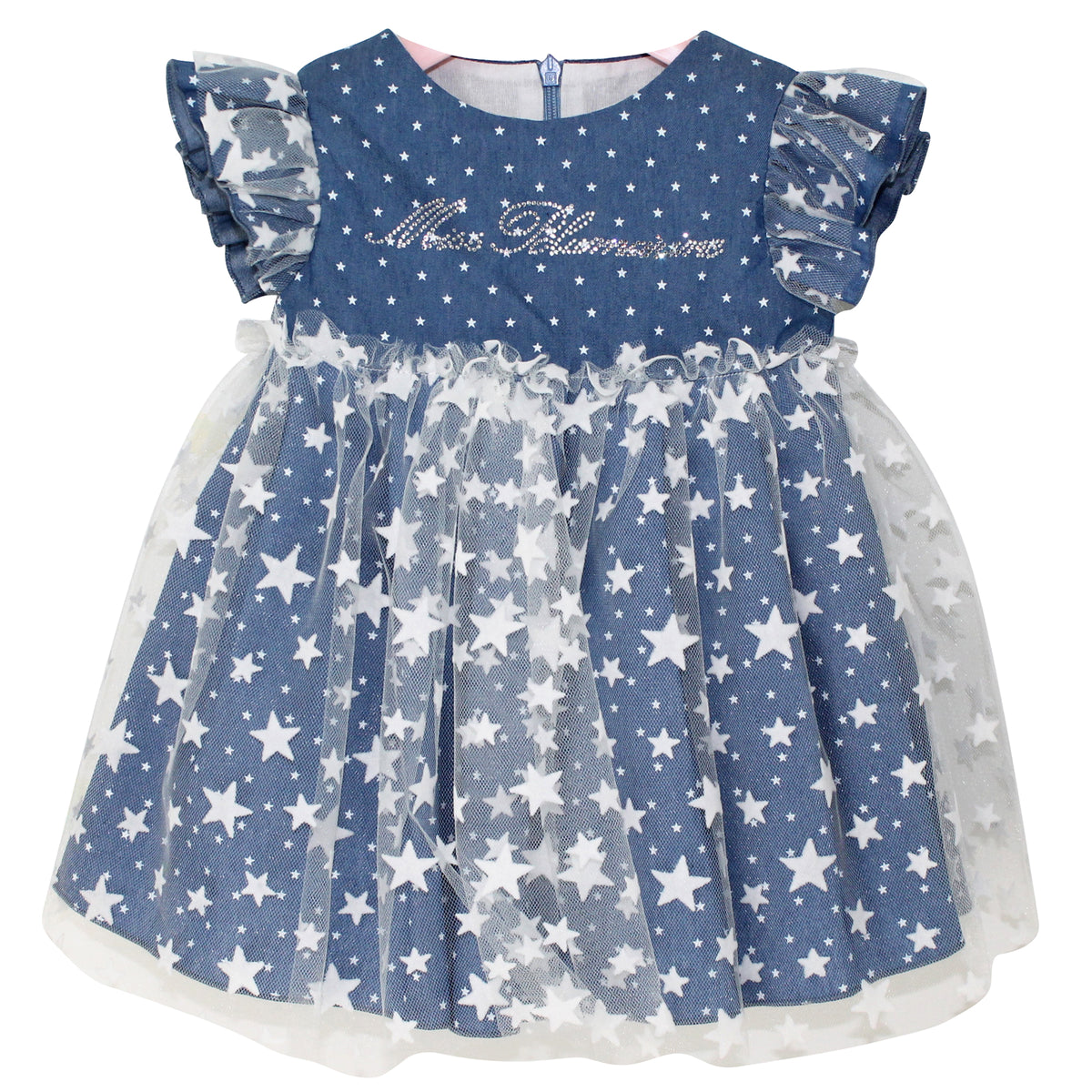 ViaMonte Shop | Miss Blumarine abito baby girl blu in denim di cotone stampato