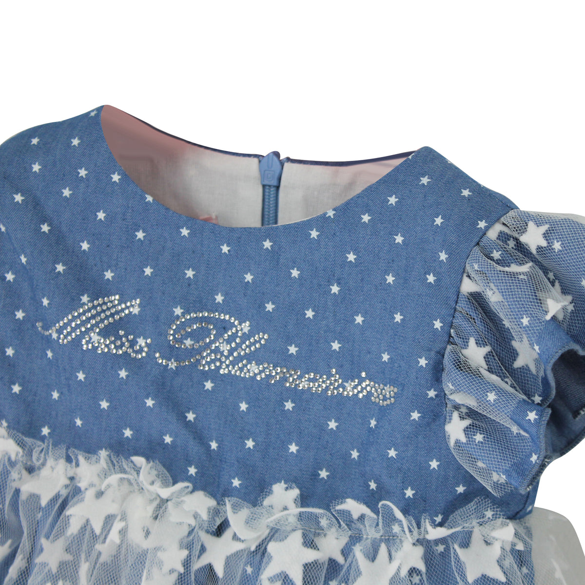 ViaMonte Shop | Miss Blumarine abito baby girl blu in denim di cotone stampato