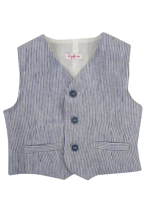 ViaMonte Shop | Il Gufo gilet celeste scuro neonato a righe in lino