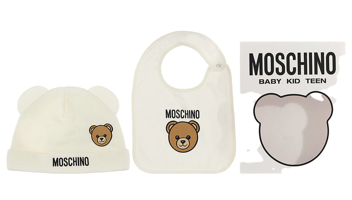 Set bavetta e berretto Moschino Kid neonato bianco in cotone