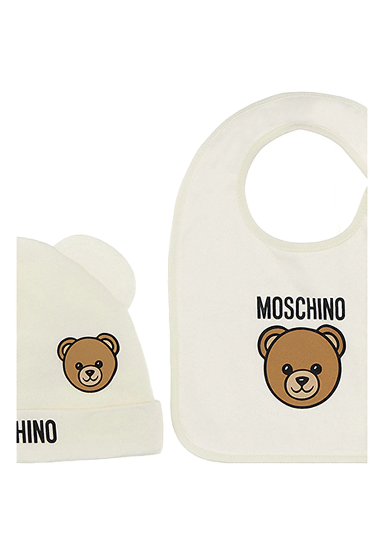 Set bavetta e berretto Moschino Kid neonato bianco in cotone