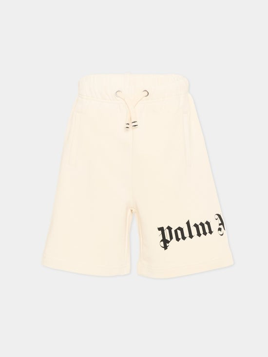 Bermuda bambino Palm Angels avorio in cotone garzato | ViaMonte Shop