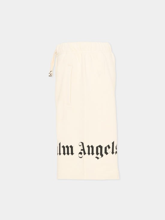 Bermuda bambino Palm Angels avorio in cotone garzato | ViaMonte Shop