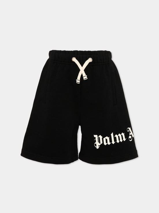 Bermuda bambino Palm Angels nero in cotone garzato | ViaMonte Shop