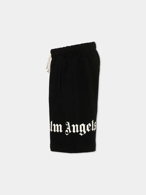 Bermuda bambino Palm Angels nero in cotone garzato | ViaMonte Shop