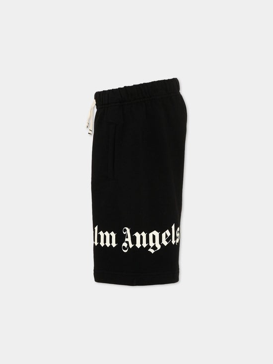Bermuda bambino Palm Angels nero in cotone garzato | ViaMonte Shop