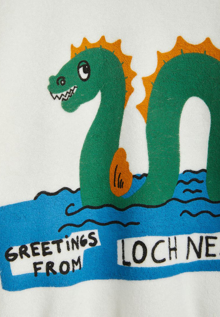 ViaMonte Shop | Mini Rodini bambino felpa in spugna bianca con stampa Loch Ness in cotone biologico